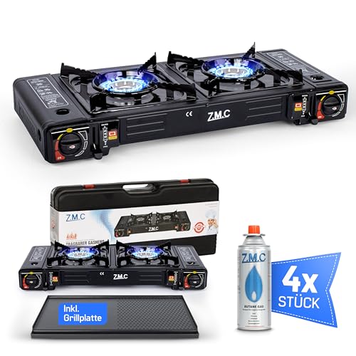 ZMC Camping Gaskocher 2-flammig mit 4x Gaskartuschen 227g und Grillplatte, 2,5 KW inkl. Adapter für LPG Anschluss + Aufbewahrungskoffer Campingkocher Set mit Piezozündung, für Outdoor und Innenraum von Z.M.C