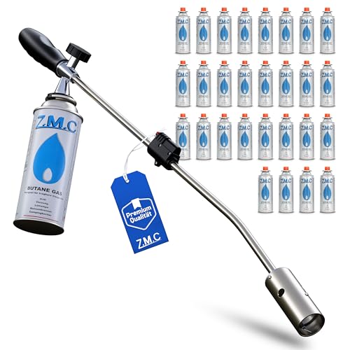 Z.M.C Unkrautbrenner 2,5 kW + 28x Gaskartuschen 227g, Unkrautvernichter mit Piezo-Zündung & stufenloser Flammenregelung, Abflammgerät bis 1400 °C für Garten, Gehweg, Grillanzünder, Moosentferner von Z.M.C