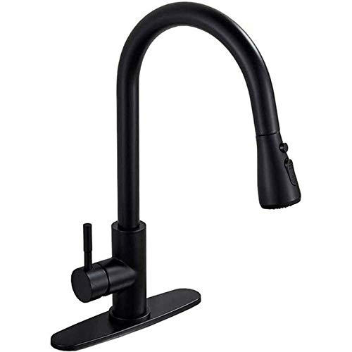 360°Rotation Kitchen Faucet with Pull Down Sprayer, Single-Handle 1 Or 3 Holes Hot and Cold Water Mixer Tap, Pull-Out Stainless Steel Kitchen Sink Faucet, One-Key Water Stop,Black (Color : Noir) von ZAAHH