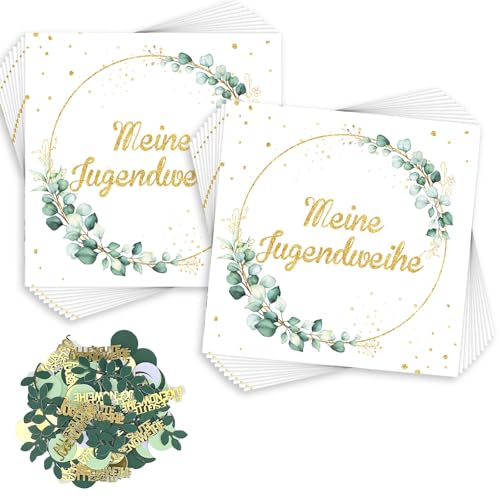 40 Servietten Meine Jugendweihe,100 Alles Gute zur Jugendweihe Deko Konfetti Streudeko Tischdeko,Eukalyptus Grün Gold Servietten Papierserviette Deko Jungen Mädchen 33x33cm von ZABARE