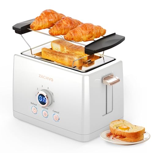 Toaster 2 Scheiben, ZACHVO Toaster mit Brötchenaufsatz, 6 Bräunungsstufe, 850W Herausnehmbare Krümelschublade, LED-Bildschirm, High Lift, Aufwärmen, Auftauen, Abbrechen Funktion von ZACHVO