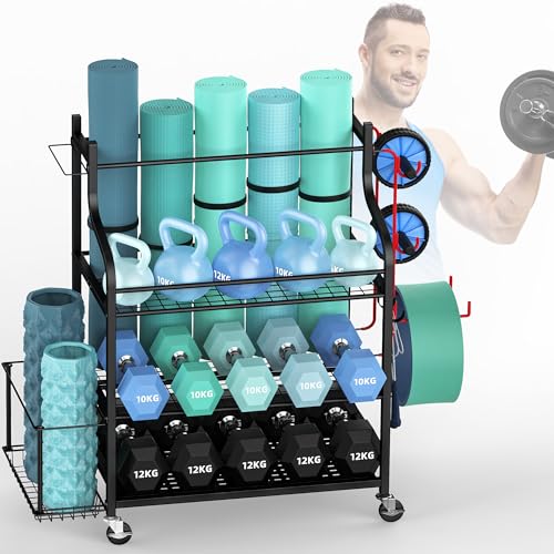 Hantelständer - ZACHVO Hantelablage - Dumbbells Regal 3 Etagen für Home Gym mit Rad, Korb und 8 Haken - 100KG Tragfähigkeit Kurzhanteln Lagerregal für Dumbbells und Yoga Matte, Gurt, Rolle von ZACHVO