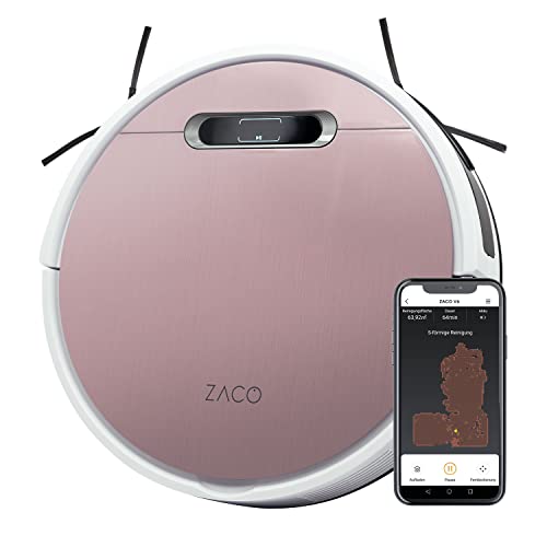 ZACO V6 Saugroboter mit Wischfunktion, gleichzeitig saugen und wischen, bis zu 2.000 Pa Saugstärke, Staubbeutel (für Allergiker) & Staubtank, App, Alexa, GoogleHome, für Tierhaare, Passion Rose von ZACO