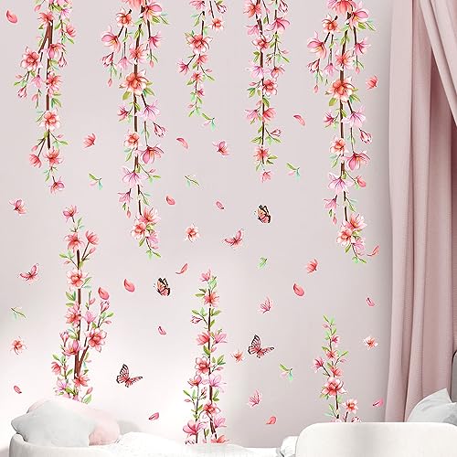 ZACUDA 2 Rollen Blumen Rosa Wandtattoo Aquarell Wandaufkleber Schmetterling Blumen Wandtattoo Kirschblüte Wandsticker Deko Rosa Blumen Wanddeko für Wohnzimmer Schlafzimmer Fenster von ZACUDA