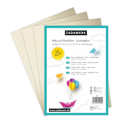 ZADAWERK® Perlmuttkarton - 250 g/m²- A4 - Elfenbein - 50 Blatt - Perlig schimmerndes dickes Dekorpapier zum Karten basteln und bedrucken - Hochzeit - Geburt von ZADAWERK