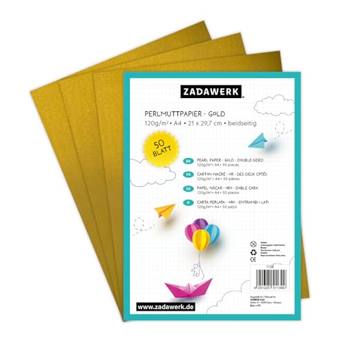 ZADAWERK® Perlmuttpapier - 120 g/m²- A4 - Gold - 50 Stück - Bastelpapier - Briefpapier perlgolden schimmernd - bedruckbar - Tintenstrahl - Laserdrucker von ZADAWERK