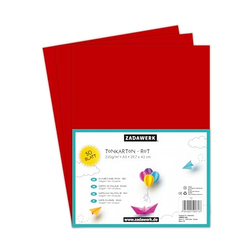 ZADAWERK® Tonkarton - 220 g/m² - DIN A3 - Rot - 50 Blatt - Bastelkarton - farbige Pappbögen zum Basteln - Tonzeichenpapier dick - 42x29,7 cm groß – Bedruckbar von ZADAWERK