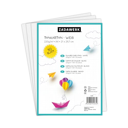 ZADAWERK® Tonkarton - 220 g/m² - DIN A4 - Weiß - 50 Blatt - Bastelkarton - farbige Pappbögen zum Basteln - Tonzeichenpapier dick - 29,7x21 cm groß - Bedruckbar von ZADAWERK