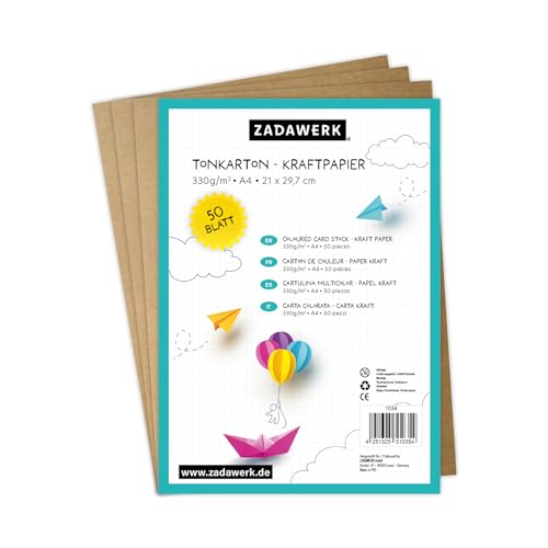 ZADAWERK® Tonkarton - 330 g/m² - DIN A4 - Naturbraun - 50 Blatt - Bastelkarton - farbiges Kraftpapier zum Basteln - Tonzeichenpapier dick – 29,7x21 cm groß von ZADAWERK