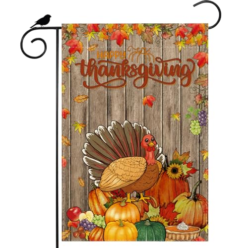 ZAEW Happy Thanksgiving Truthahn Kürbisse Ahornblätter Obst Ernte Herbst Gartenflagge Hofflagge 30,5 x 45,7 cm doppelseitig klein Mini Outdoor Bauernhaus Urlaub Dekoration von ZAEW