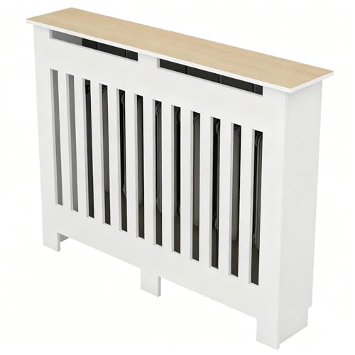Moderner Heizkörperverkleidung Weiß, Heizkörperabdeckung Schrank mit Vertikalen Lamellen und Regal, Dekor Wohnzimmer(90x80x20cm/35.4x31.4x7.8in) von ZAFDZSW