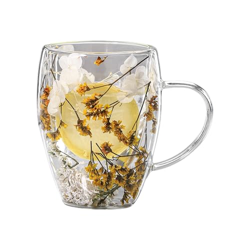 ZAGARO Doppelwandige Glaskaffeetassen, echte getrocknete Blumen, isolierte Glaskaffeetassen, getrocknete Blumen, klare Glastasse mit Griff für heiße und kalte Getränke von ZAGARO