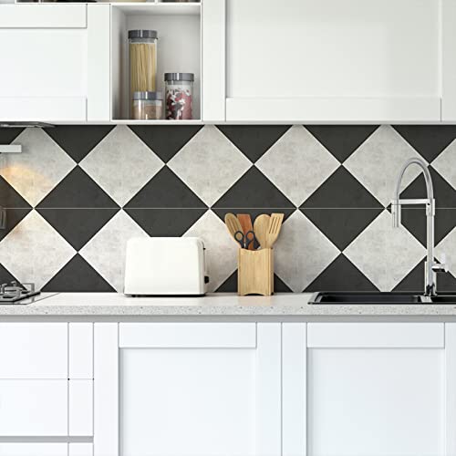 Fliesenaufkleber Beige Schwarz Kariert Küchenrückwand Folie 3d Fliesenaufkleber Bad PVC Klebefliesen Wasserdicht Selbstklebende Fliesen Leicht zu Schrubben Klebefliesen Boden12 Stück(20X20cm) von ZAHHYG