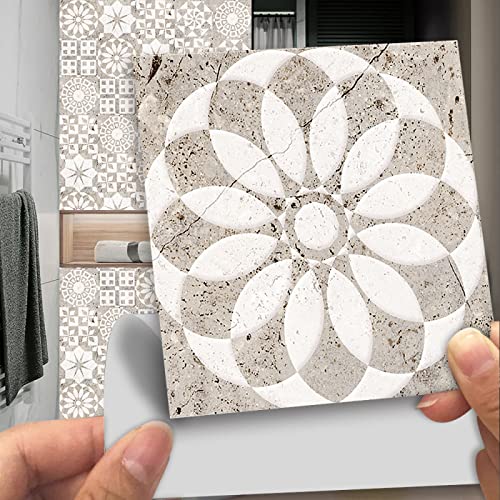 Fliesenaufkleber Beige Weiße Mandala Küchenrückwand Folie 3d Fliesenaufkleber Bad PVC Klebefliesen Wasserdicht Selbstklebende Fliesen Leicht zu Schrubben Klebefliesen Boden10 Stück(10X10cm) von ZAHHYG