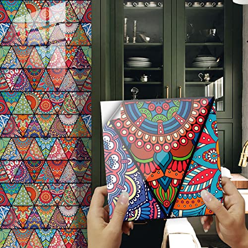 Fliesenaufkleber Bunter Boho-Stil Klebefliesen 3D Küchenrückwand Folie Wasserdicht Fliesenfolie Vinyl Selbstklebende Fliesen Aufkleber Fliesen für Bad Wohnzimmer Küche Deko16 Stück(15X15cm) von ZAHHYG