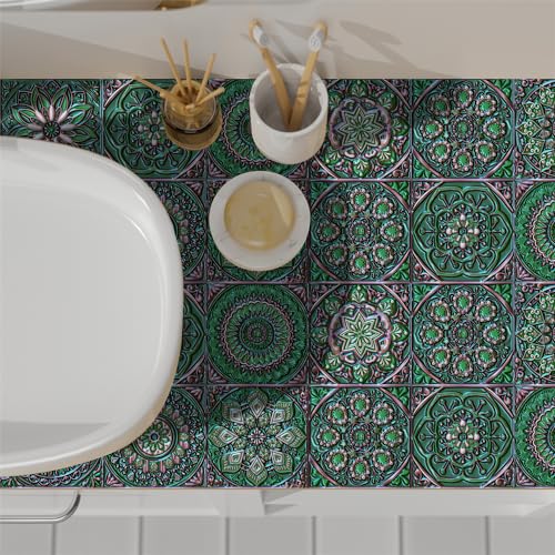 Fliesenaufkleber Grünes Mandala Küchenrückwand Folie 3d Fliesenaufkleber Bad PVC Klebefliesen Wasserdicht Selbstklebende Fliesen Leicht zu Schrubben Klebefliesen Boden10 PC(20x20cm) von ZAHHYG