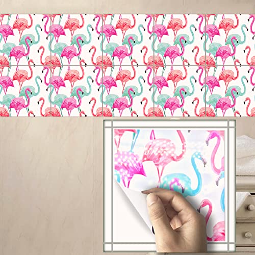 Fliesenaufkleber Rosa Blauer Flamingo Küchenrückwand Folie 3d Fliesenaufkleber Bad PVC Klebefliesen Wasserdicht Selbstklebende Fliesen Leicht zu Schrubben Klebefliesen Boden10 Stück(15X15cm) von ZAHHYG