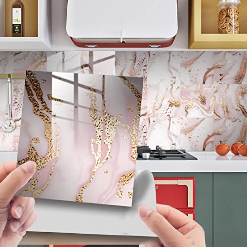 Fliesenaufkleber Rosa Goldener Marmor Klebefliesen 3D Küchenrückwand Folie Wasserdicht Fliesenfolie Vinyl Selbstklebende Fliesen Aufkleber Fliesen für Bad Wohnzimmer und Küche Deko10Stück(20X20cm) von ZAHHYG