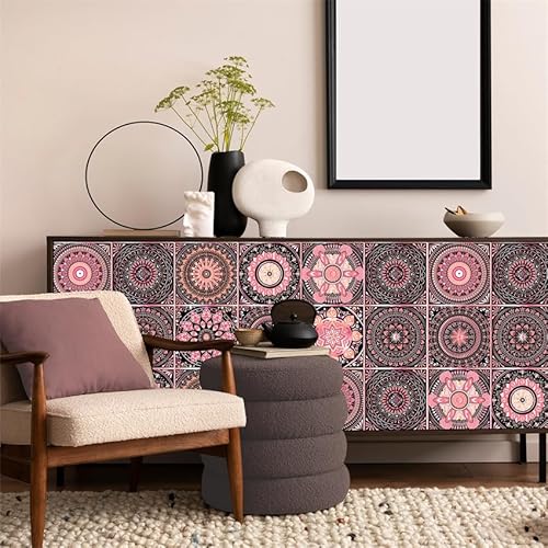 Fliesenaufkleber Rosa Mandala Küchenrückwand Folie 3d Fliesenaufkleber Bad PVC Klebefliesen Wasserdicht Selbstklebende Fliesen Leicht zu Schrubben Klebefliesen Boden10 PC(15x15cm) von ZAHHYG