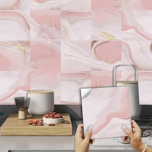 Fliesenaufkleber Rosa Marmor Küchenrückwand Folie 190d Fliesenaufkleber Bad PVC Klebefliesen Wasserdicht Selbstklebende Fliesen Leicht zu Schrubben Klebefliesen Boden10 PC(30x117cm) von ZAHHYG