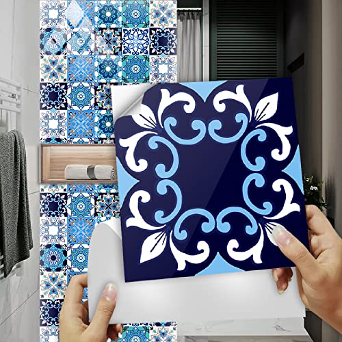 Fliesenaufkleber Weiß-Blauer Ethno-Stil Klebefliesen 3D Küchenrückwand Folie Wasserdicht Fliesenfolie Vinyl Selbstklebende Fliesen Aufkleber Fliesen für Bad Wohnzimmer Küche Deko10 Stück(15X15cm) von ZAHHYG
