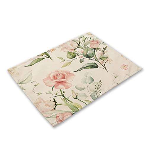 Platzset Abwischbar Hellrosa Blumen Platzset 2er Set rutschfest Tischsets Abwaschbar Flachs Abgrifffeste Hitzebeständig Platzdeckchen Schmutzabweisend Platzsets für Küche Speisetisch 45x30cm von ZAHHYG