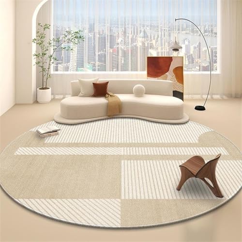 Teppich Rund 120 Waschbar Beige Minimalistisch Rutschfester Kurzflor Teppich Wohnzimmer, Schlafzimmer Carpet für Büro Eingangsbereich von ZAHHYG