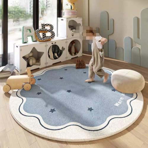 Teppich Rund 140 cm Durchmesser Blauer Stern Waschbarer Rutschfester Teppich,Kinderteppich für Wohnzimmer, Schlafzimmer, Arbeitszimmer, Büro von ZAHHYG