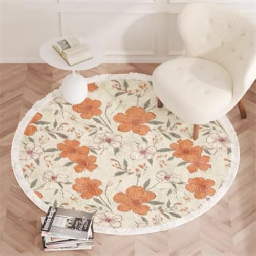 Teppich Rund 200Cm Waschbar Orange Blumen Rutschfester Kurzflor Teppich Wohnzimmer, Schlafzimmer Carpet für Büro Eingangsbereich Teppich Rund 200Cm Waschbar Orange Blumen Rutschfester Kurzflor Teppich Wohnzimmer, Schlafzimmer Carpet für Büro Eingangsbereich von ZAHHYG