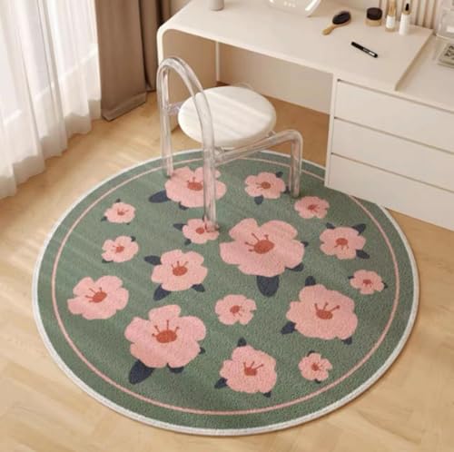 Teppich Rund 200Cm Waschbar Rosa Blumen Rutschfester Kurzflor Teppich Wohnzimmer, Schlafzimmer Carpet für Büro ， Eingangsbereich, Kinderzimmer von ZAHHYG