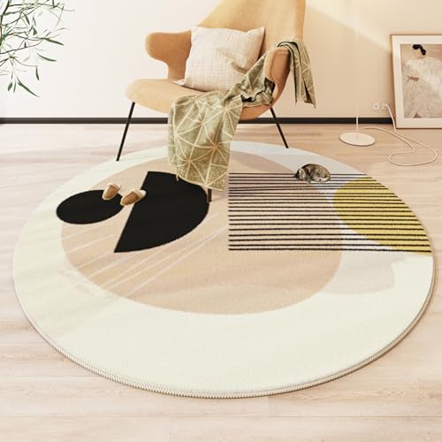 Teppich Rund Schwarz Beige Flauschig Kurzflor Bettvorleger Schlafzimmer Teppich Wohnzimmer, Waschbare Gemütlich Und Pflegeleicht Badteppich Rund 100Cm von ZAHHYG
