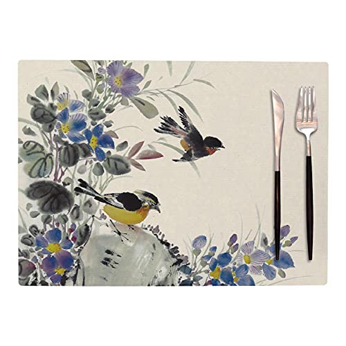 Tischset Beige Blumen Vögel Platzset 4er Set rutschfest Platzdeckchen Abwaschbar PVC Abgrifffeste Hitzebeständig Platzdeckchen Untersetzer Schmutzabweisend Tischsets für Küche Speisetisch 45x30cm von ZAHHYG