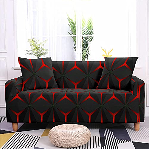 ZAHHYG Sofa Überzug Schwarz-Rote Geometrie Sofaüberwurf Sofabezug Stretchy Couchbezug Sofa Bezug Ecksofa Überwurf Sofabezüge Antirutsch Sofahusse Jacquard Sofaüberzug 3 Places (190cm-230cm) von ZAHHYG