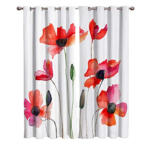 ZAHHYG Verdunklungsvorhänge Weißer Roter Mohn Gardinen Wohnzimmer Vorhang Schlafzimmer Thermovorhang Blickdicht Gardinen Mit ösen Geräuschreduzierung Vorhänge 2er Set(2X110X215 cm) von ZAHHYG