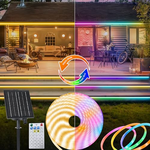 Dual Farbwechselnde 10M 360 LED Solar Streifen für Außenbereich, IP68 wasserdichte Streifenlichter mit Timer-Fernbedienung selbstklebendes Lichtband für Garten Hof dekoration (Warmweiß und Mehrfarbig) von ZAIYW