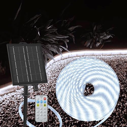 ZAIYW 10M Solar LED Streifen Aussenbereich IP68 Wasserdicht, 200LEDs Strip Lichter Dimmbar mit Fernbedienung Timer, Selbstklebend LED Band für Garten Außen Dekoration (Kaltweiß) von ZAIYW