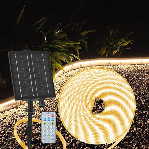 ZAIYW 10M Solar LED Streifen Aussenbereich IP68 Wasserdicht, 200LEDs Strip Lichter Dimmbar mit Fernbedienung Timer, Selbstklebend LED Band für Garten Außen Dekoration (Warmweiß) von ZAIYW