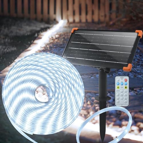 ZAIYW 15M Solar LED Streifen Aussenbereich IP68 Wasserdicht 300 LEDs Strip Lichter Dimmbar mit Fernbedienung Timer, Selbstklebend Lichter Band für Garten, Baum, Zaun, Pool Dekor (Kaltweiß) von ZAIYW