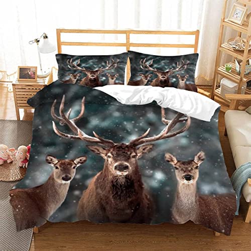 ZAKATO Bettbezüg 135x200 Hirsch 3D Motiv Bettwäsche-Sets kuschelig Leicht Mikrofaser 3 Teilig Winter Bettwäsche versteckter Reißverschluss mit 2 Kissenbezug 80x80cm für Jungen Mädchen von ZAKATO