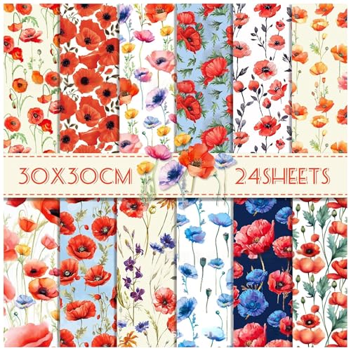 ZAKHSE Bastelpapier 30x30cm, 24 Blatt Mohnblumen Muster Motivpapier Doppelseitig Bedruckt Scrapbook Papier Aquarellblumen Designpapier für DIY Kartengestaltung Scrapbooking Zubehör, 12 Designs, Rot von ZAKHSE