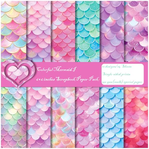 ZAKHSE Bastelpapier Quadratisch, 24 Blatt Rosa Meerjungfrau Motivpapier, 15,2×15,2cm Einseitig Bedruckt Designpapier Gemustert Scrapbook Papier für DIY, Bastelarbeiten, Dekorationen, 12 Designs von ZAKHSE