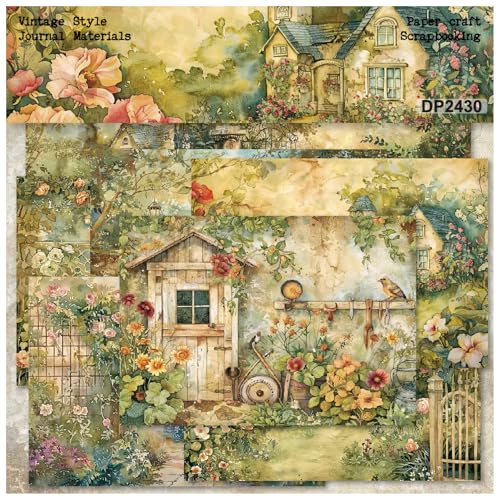 ZAKHSE Motivpapier Designpapier, 24 Blätter Ländlicher Hof Motive Design Papier Einseitig Bedruckt Scrapbook Papier, 21×14,5cm Bastelpapier DIY Kartengestaltung Scrapbook Zubehör-8 Muster-Grün von ZAKHSE