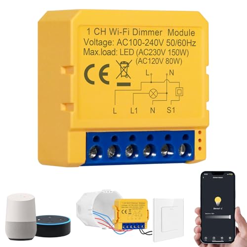 Dimmschalter 1-Weg, Intelligenter WLAN Dimmer, Sprachsteuerung/Timer, Kein Neutralleiter nötig, WLAN Controller für LED-Streifen, Kompatibel mit Alexa & Google Home, iOS Android App, Dimmbare Lichter von ZAKVOP