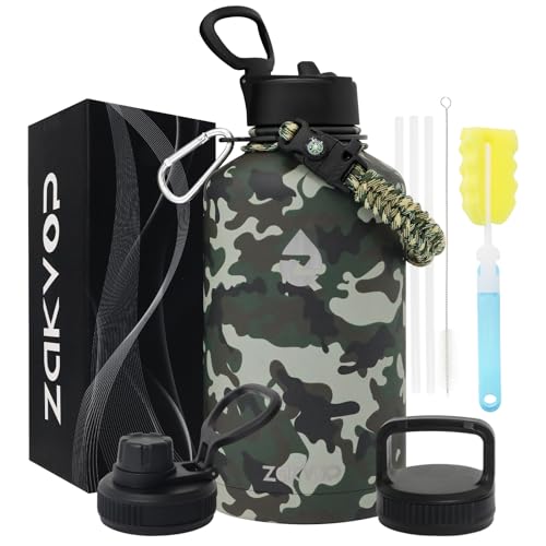 ZAKVOP Thermosflasche, 2L Trinkflasche Edelstahl mit Strohhalmen und 3 Deckeln, Trinkflasche Thermo mit Paracord Griff, Thermoskanne 2 Liter mit Flaschenbürsten für Fitnessstudio (Camouflage) von ZAKVOP