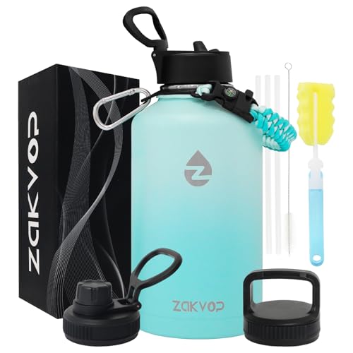 ZAKVOP Thermosflasche, 2L Trinkflasche Edelstahl mit Strohhalmen und 3 Deckeln, Trinkflasche Thermo mit Paracord Griff, Thermoskanne 2 Liter mit Flaschenbürsten für Fitnessstudio, Wandern, Camping von ZAKVOP