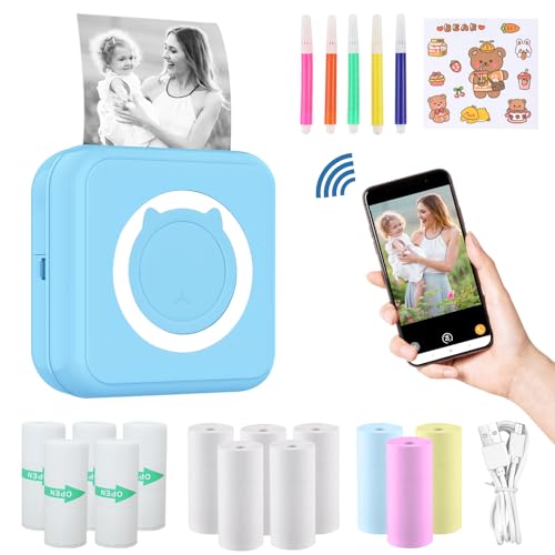 ZAKVOP mini drucker für Smartphone, mini Tragbare Fotodrucker, mini Pocket Printer, Bluetooth thermodrucker für iOS und Android, Aufkleber drucker für Journal, Notizen, Liste, Memo - Blau von ZAKVOP