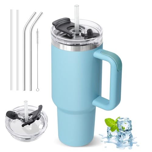 ZAKVOP Thermobecher mit Strohhalm, 1200ml Trinkbecher mit Deckel und Strohhalm, Isolierbecher mit Henkel, Kaffeebecher to Go Thermo, Tumbler Cup Travel Mug mit 2 in 1 Deckel (Hellblau) von ZAKVOP
