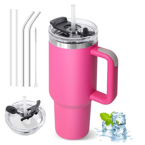 ZAKVOP Thermobecher mit Strohhalm, 1200ml Trinkbecher mit Deckel und Strohhalm, Isolierbecher mit Henkel, Kaffeebecher to Go Thermo, Tumbler Cup Travel Mug mit 2 in 1 Deckel (Rosarot) von ZAKVOP