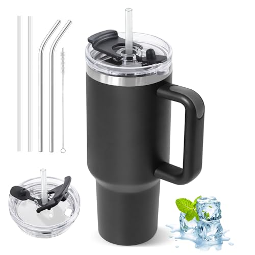 ZAKVOP Thermobecher mit Strohhalm, 1200ml Trinkbecher mit Deckel und Strohhalm, Isolierbecher mit Henkel, Kaffeebecher to Go Thermo für Kaltes und Heißes, Tumbler Cup Travel Mug mit 2 in 1Deckel von ZAKVOP