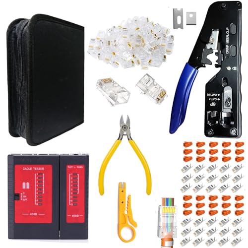 Netzwerk Werkzeug Set,ZALASUNG Crimpzange RJ45 Set mit 50x Cat6-Stecker/ 30xCat7/Cat6a Lan Netzwerktester werkzeug Abisolierzange für RJ45/ RJ11/RJ12 Profi Netzwerkinstallation Reparaturwerkzeuge von ZALASUNG